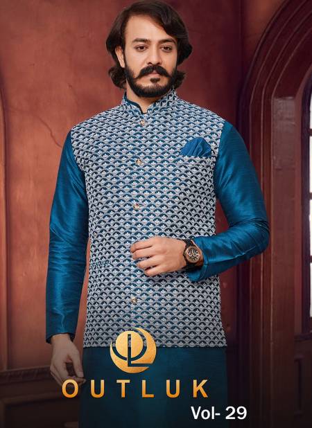 Outluk 29 Art Silk With Lucknowi Work Party Wear Kurta Pajama With Modi Jacket Mens Collection
